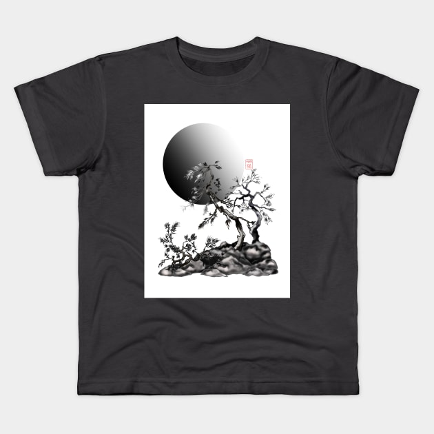 SumiE japanese pines with a big full moon Kids T-Shirt by cuisinecat